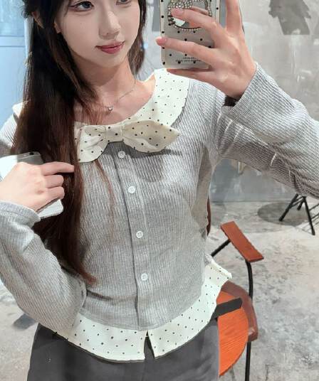 경관 그림 와 사고 방식 모달 260 그램 2 2 페이크 레이어드 도트 무늬 u 칼라 긴팔 티셔츠 여성 의류 맨위