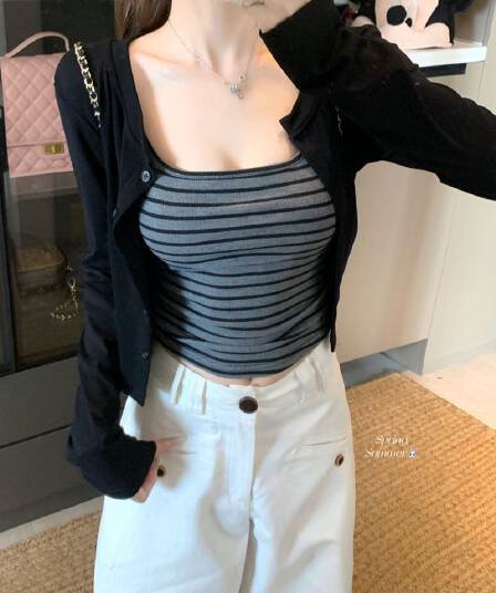 재킷 사람들 면 조끼 컬러 짜임 기사 한 부서 스트라이프 슬립 긴팔 오픈 가디건 투피스 세트 디자인 센스