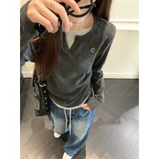 批发假两件设计百搭长袖T恤秋<b class='q'>冬</b>内搭修身显瘦打底上衣