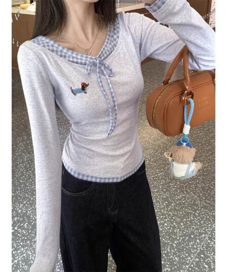 모 Da 서울 페이크 레이어드 긴팔 티셔츠 여성 가을 체크무늬 패치워크 몸매 가꾸기 슬림해 보이는 쇼트 스타일 맨위