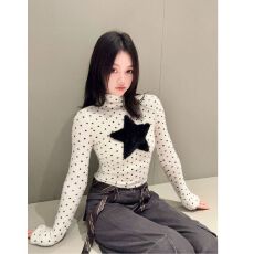 批发官图 广州罗纹德绒270<b class='q'>克</b>1*1半高领长袖T恤波点星星毛绒上衣