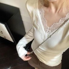 批发【1*1螺纹德绒 270克】纯欲白色<b class='q'>蕾丝</b>花边打底衫秋冬新款修身上衣