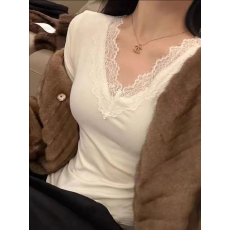 批发【1*1螺纹德绒 270克】纯欲白色<b class='q'>蕾丝</b>花边打底衫秋冬新款修身上衣
