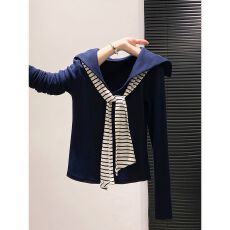 批发1*1随心裁撞色条纹海军领飘带长袖<b class='q'>T</b><b class='q'>恤</b>女秋学院风修身显瘦打底上衣