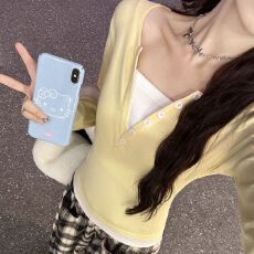 批发【1*1 260克莫代尔】撞色假两件长袖<b class='q'>罩衫</b>修身收腰显瘦百搭上衣