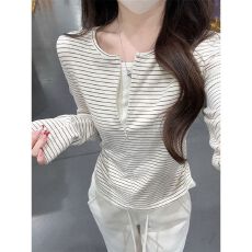 批发【广州面料】韩系条纹拉链长袖假两件T恤女秋冬褶皱显瘦百搭<b class='q'>上衣</b>