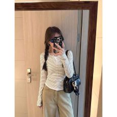 批发【广州面料】韩系条纹拉链长袖假两件T恤女秋冬褶皱显瘦百搭<b class='q'>上衣</b>