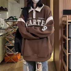 批发（官方图260克大鱼鳞薄款）美式复古撞色卫衣polo翻领上衣
