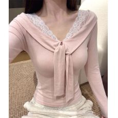 批发40支92棉韩系甜美粉色V领蕾丝拼接绑带长袖T恤女纯欲温柔上衣