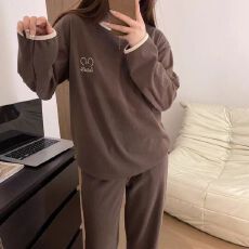 批发秋冬季新款睡衣女德绒保暖打底简约长袖套头可外穿休闲家居服套装
