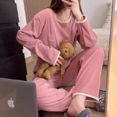 批发秋冬季新款睡衣女德绒保暖打底简约长袖套头可外穿休闲家居服套装