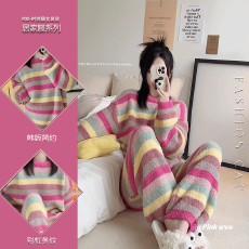 批发宏达盛-爆款秋冬季<b class='q'>睡衣</b>女ins风半边<b class='q'>珊瑚</b><b class='q'>绒</b>彩条纹长袖家居服套装