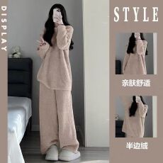 批发半边绒睡衣女加绒加厚冬季简约高级感大码少女休闲家居服针织套装