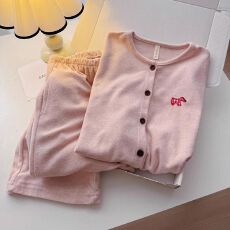 批发爆款德绒秋冬季睡衣女长袖开衫绣花粉色小狗长袖长裤圆领家居服