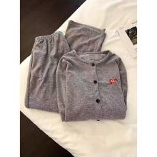 批发爆款德绒秋冬季睡衣女长袖开衫绣花粉色小狗长袖长裤圆领家居服