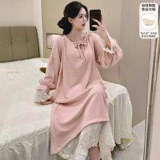 批发冬季直播爆款羊绒带胸垫粉色蕾丝花边睡裙高定宽松可外穿家居服