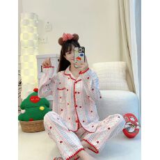 春季新款云朵棉睡衣女士贝壳印花开衫月牙款甜美可爱家居服套装