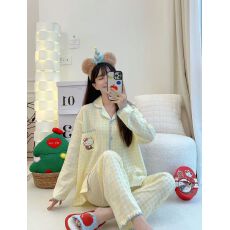 春季新款云朵棉睡衣女士贝壳印花开衫月牙款甜美可爱家居服套装