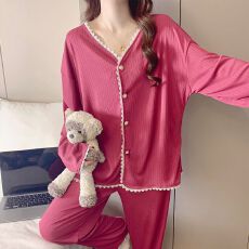 批发【实拍】带固定胸垫2026新款春秋季高密仿棉开衫长袖睡衣女家居服