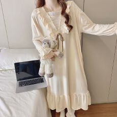 批发【实拍】<b class='q'>春</b>秋季新款睡衣女休闲长袖高密仿棉双侧口袋睡裙家居服