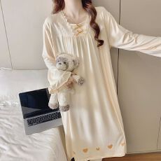 批发实拍<b class='q'>春</b>秋季新款睡衣女休闲长袖高密仿棉双侧口袋睡裙家居服