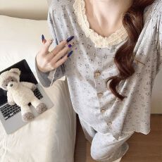 批发实拍2026新款大量现货春秋季高密仿<b class='q'>棉</b>开衫长袖花边<b class='q'>睡衣</b>家居服