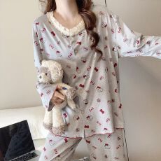 批发实拍2026新款大量现货春秋季高密仿<b class='q'>棉</b>开衫长袖花边<b class='q'>睡衣</b>家居服