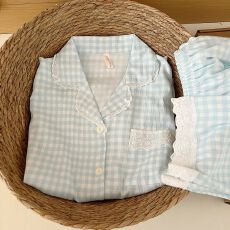 批发宏达盛云朵<b class='q'>棉</b>花边格子<b class='q'>睡衣</b>女春秋季长袖长裤少女高级感家居服套装