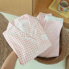 批发宏达盛云朵<b class='q'>棉</b>花边格子<b class='q'>睡衣</b>女春秋季长袖长裤少女高级感家居服套装