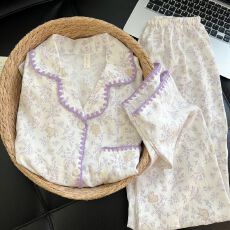 批发宏达盛-春秋季开衫贝壳云朵<b class='q'>棉</b>韩国高级撞边<b class='q'>睡衣</b>女长袖长裤套装