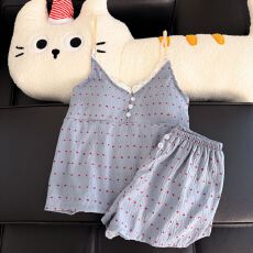 夏季新款吊带短裤带胸垫睡衣女云朵棉高级感甜美格子家居服套装