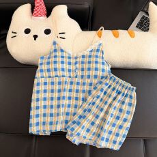 夏季新款吊带短裤带胸垫睡衣女云朵棉高级感甜美格子家居服套装