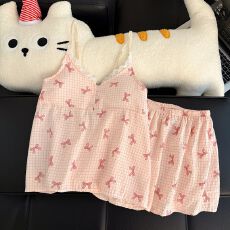 夏季新款吊带短裤带胸垫睡衣女云朵棉高级感甜美格子家居服套装