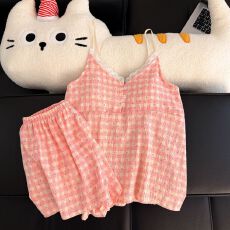 夏季新款吊带短裤带胸垫睡衣女云朵棉高级感甜美格子家居服套装