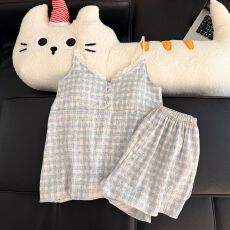 夏季新款吊带短裤带胸垫睡衣女云朵棉高级感甜美格子家居服套装