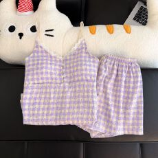 夏季新款吊带短裤带胸垫睡衣女云朵棉高级感甜美格子家居服套装