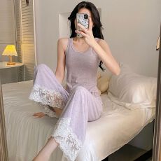 批发宏达盛带胸垫夏季睡衣女士短长款背心螺纹冰丝可外出纯色家居服