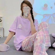 批发宏达盛夏季新款牛奶丝<b class='q'>睡衣</b>女短袖长裤套装<b class='q'>大码</b>宽松甜美家居服