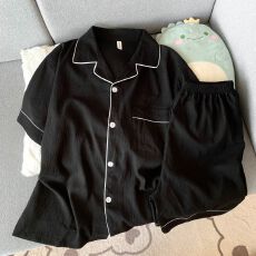 批发夏季男款云朵棉双短两件套睡衣简约纯色翻领<b class='q'>开衫</b>家居服可外穿薄款