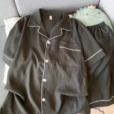 批发夏季男款云朵棉双短两件套睡衣简约纯色翻领<b class='q'>开衫</b>家居服可外穿薄款