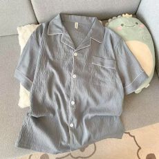 批发夏季男款云朵棉双短两件套睡衣简约纯色翻领<b class='q'>开衫</b>家居服可外穿薄款