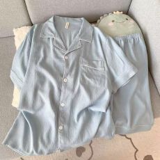 批发夏季男款云朵棉双短两件套睡衣简约纯色翻领<b class='q'>开衫</b>家居服可外穿薄款