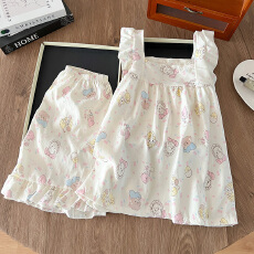 批发爆款夏季睡衣女云朵棉薄款皱布小飞袖背心短裤甜美少女家居服套装