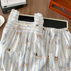 批发爆款夏季睡衣女云朵棉薄款皱布小飞袖背心短裤甜美少女家居服套装