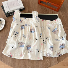 批发爆款夏季睡衣女云朵棉薄款皱布小飞袖背心短裤甜美少女家居服套装