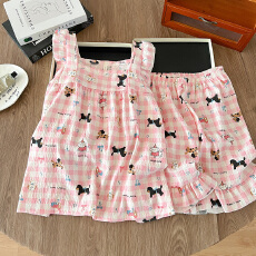 批发爆款夏季睡衣女云朵棉薄款皱布小飞袖背心短裤甜美少女家居服套装