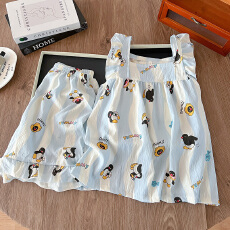 批发爆款夏季睡衣女云朵棉薄款皱布小飞袖背心短裤甜美少女家居服套装