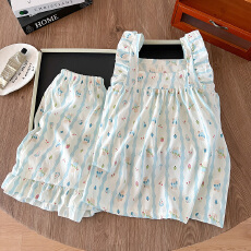 批发爆款夏季睡衣女云朵棉薄款皱布小飞袖背心短裤甜美少女家居服套装