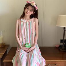 ins风爆款彩虹纹睡衣女云朵棉睡裙夏季吊带中长款大码家居服睡裙