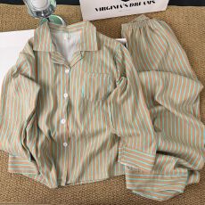 韩系简约撞色条纹睡衣女2026新款夏宽松慵懒长袖长裤家居服两件套